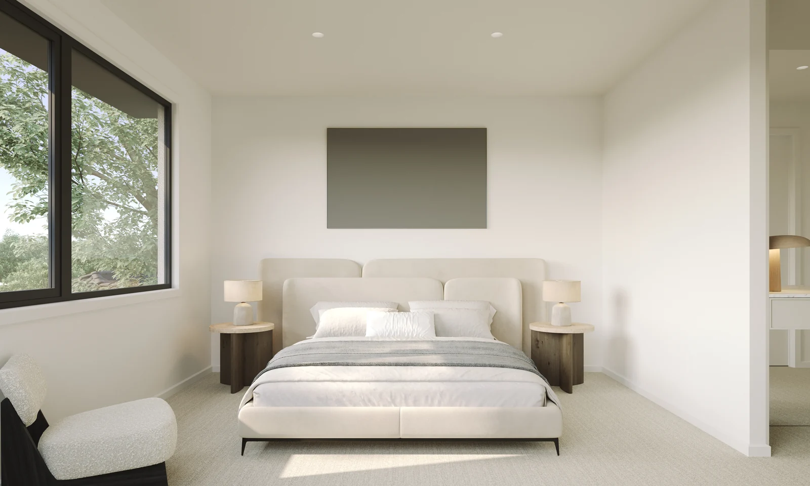 Architectural render of a Henry Street bedroom with a neutral palette and dark-framed window
