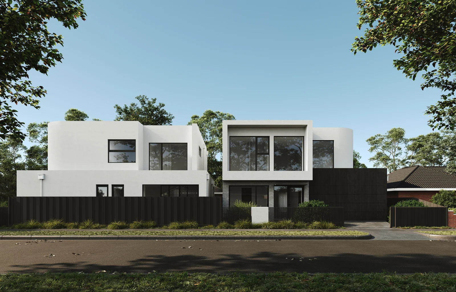 Architectural render of the Henry Street dual occupancy in Keilor East, showing white forms and dark-framed glazing
