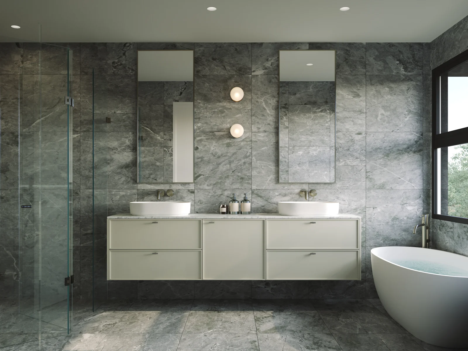 Architectural render of a Henry Street ensuite with a double vanity, freestanding bath and grey veined surfaces