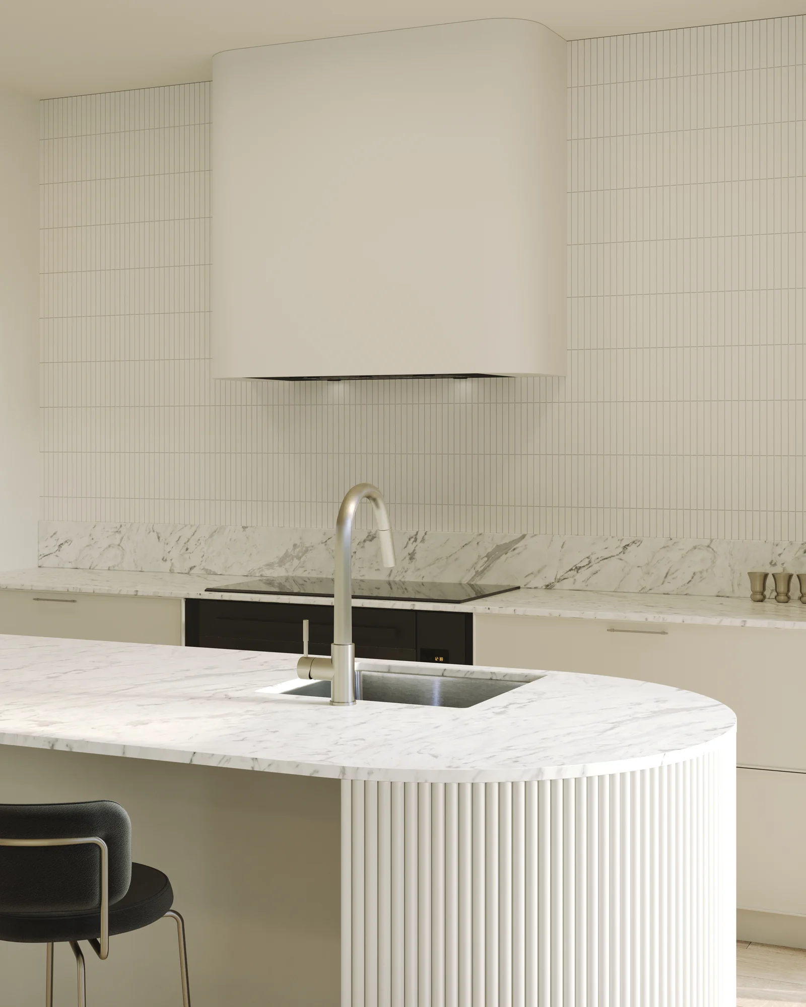 Architectural render of Henry Street kitchen island detailing, showing curved fluted joinery and a veined benchtop