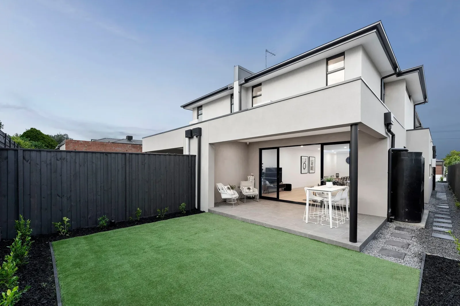 Rear elevations and separate garden spaces of the Nyah Street dual occupancy